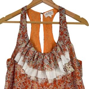 Banana USA‎ Mini Dress Womens Large Orange Floral Ruffle Racerback Boho Festival
